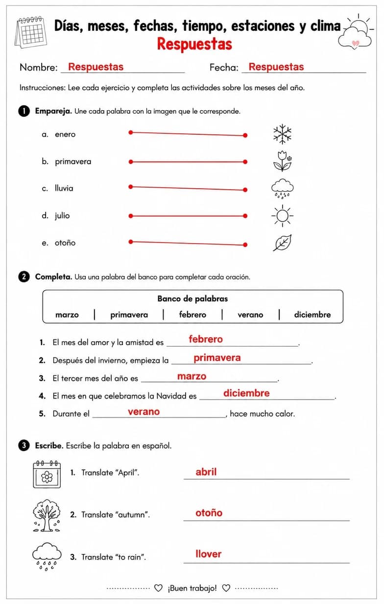 Answer key for Reconocer palabras, frases o oraciones en español relacionadas con los meses del año. — free printable Spanish worksheet
