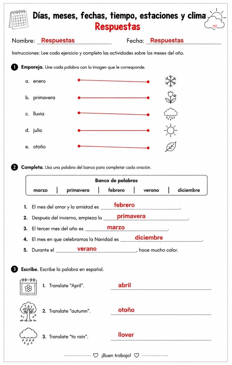 Answer key for Reconocer palabras, frases o oraciones en español relacionadas con los meses del año. — free printable Spanish worksheet
