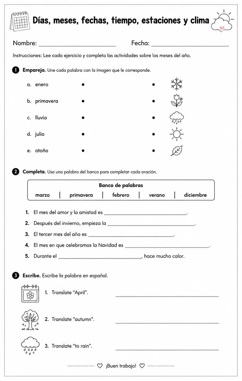 Reconocer palabras, frases o oraciones en español relacionadas con los meses del año. — free printable Middle School Spanish worksheet
