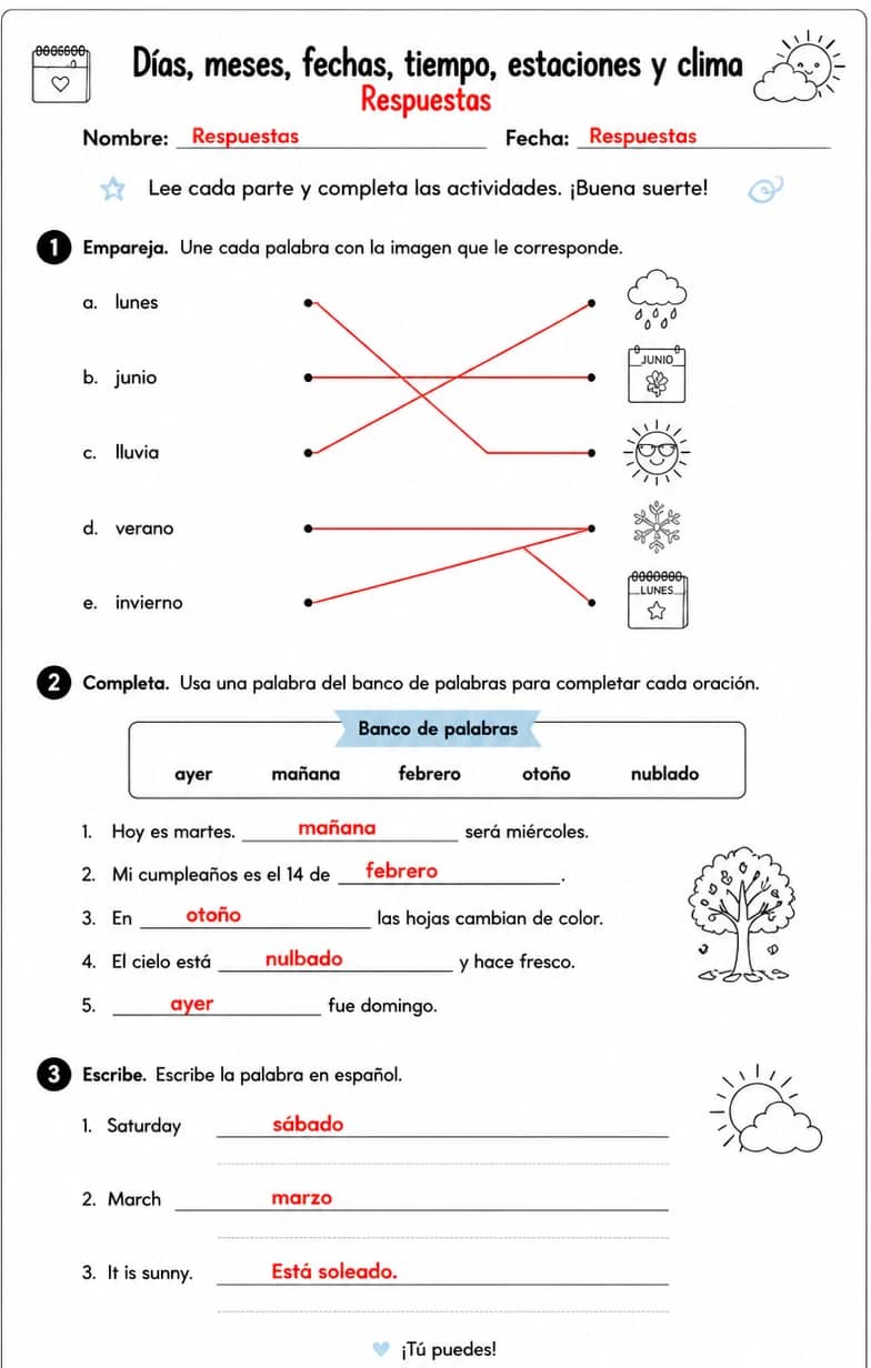 Answer key for Reconocer palabras, frases o oraciones en español relacionadas con las fechas. — free printable Spanish worksheet