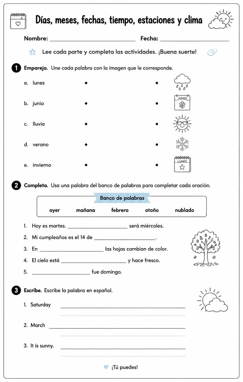 Reconocer palabras, frases o oraciones en español relacionadas con las fechas. — free printable Middle School Spanish worksheet