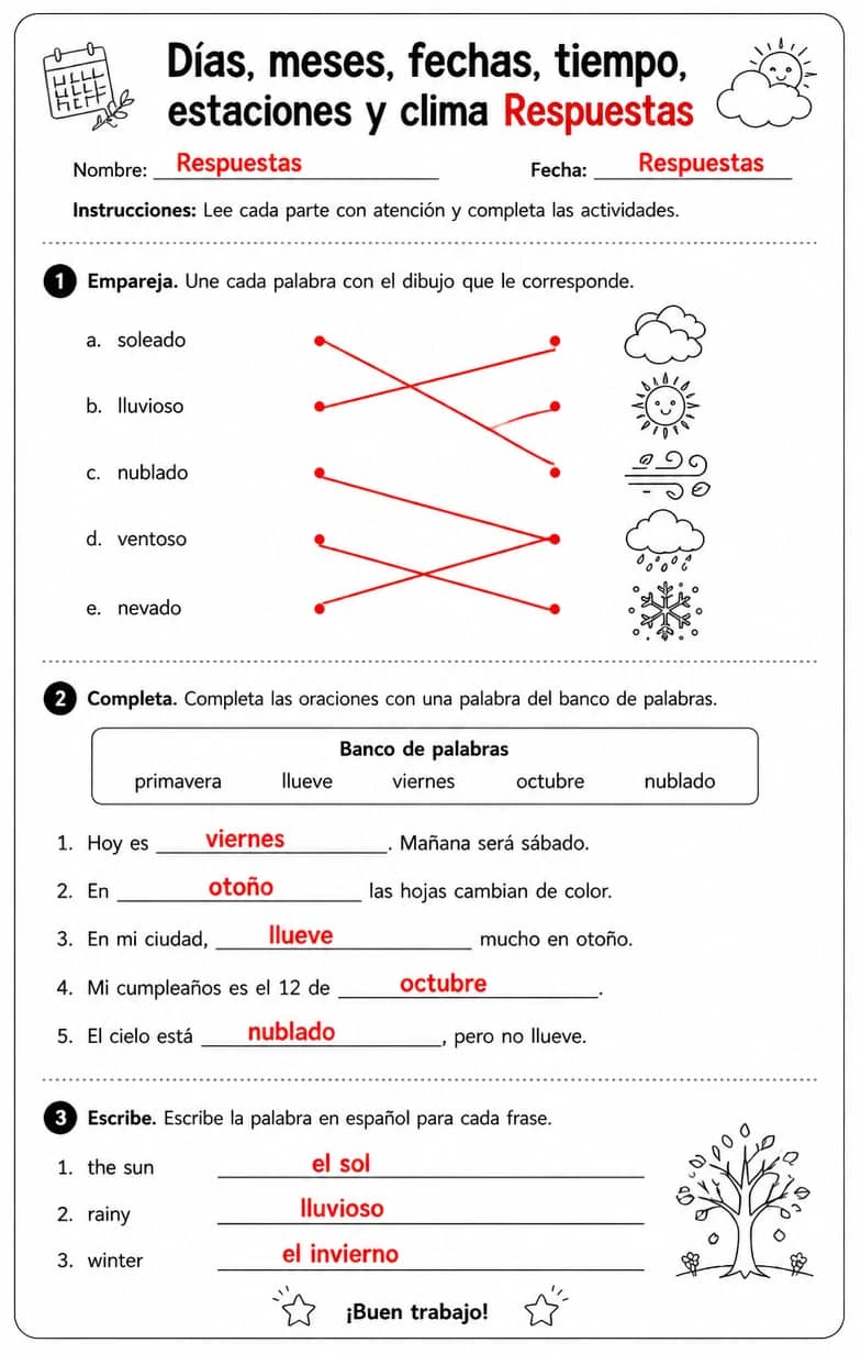 Answer key for Reconocer palabras, frases o oraciones en español relacionadas con el clima. — free printable Spanish worksheet