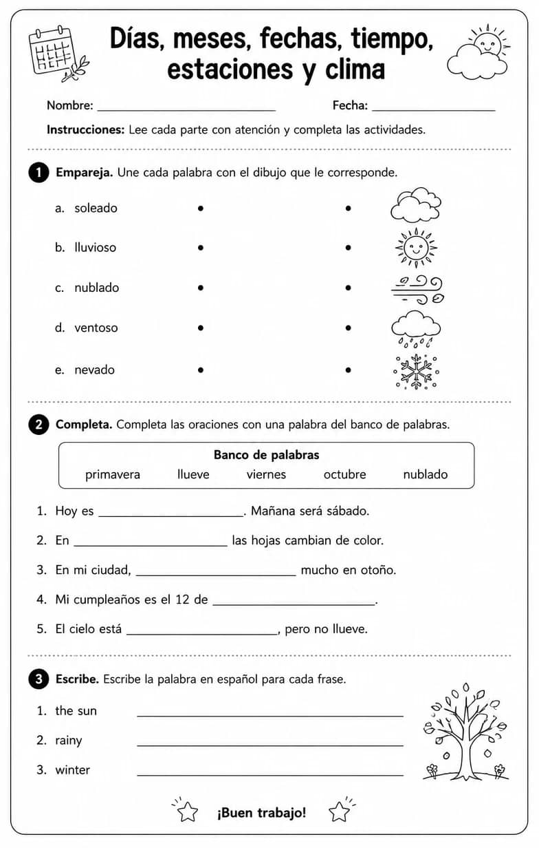 Reconocer palabras, frases o oraciones en español relacionadas con el clima. — free printable Middle School Spanish worksheet