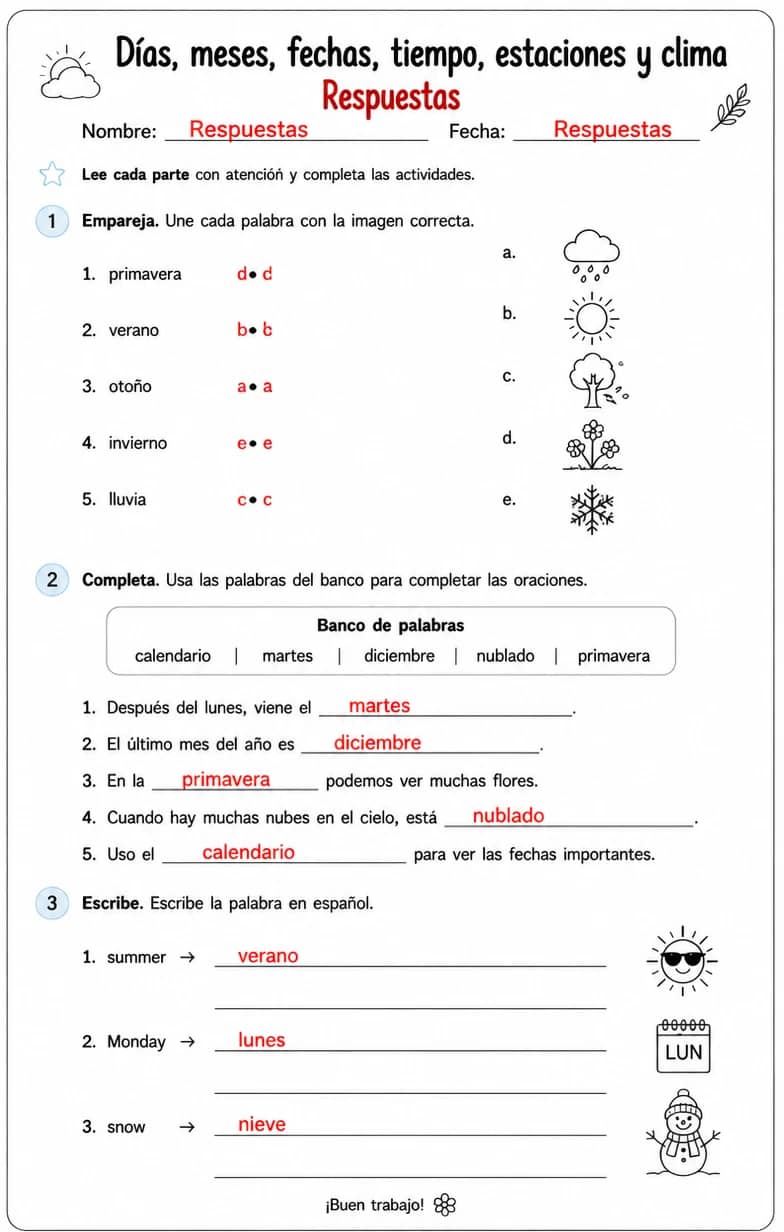Answer key for Reconocer palabras, frases o oraciones en español relacionadas con las estaciones. — free printable Spanish worksheet
