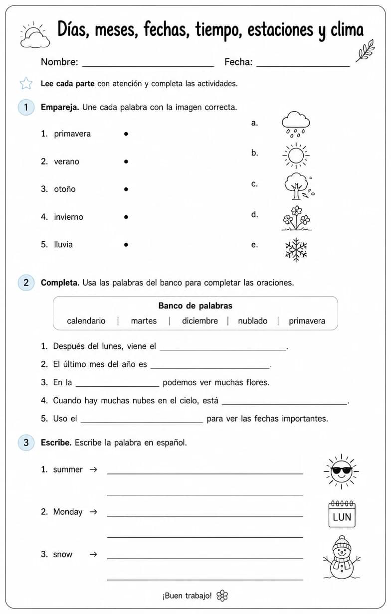 Reconocer palabras, frases o oraciones en español relacionadas con las estaciones. — free printable Middle School Spanish worksheet