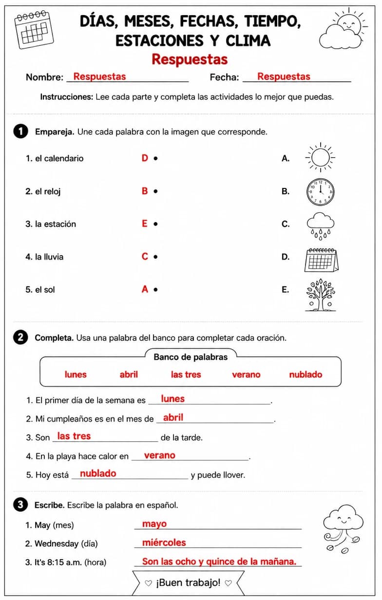 Answer key for Reconocer palabras, frases o oraciones en español relacionadas con decir la hora. — free printable Spanish worksheet