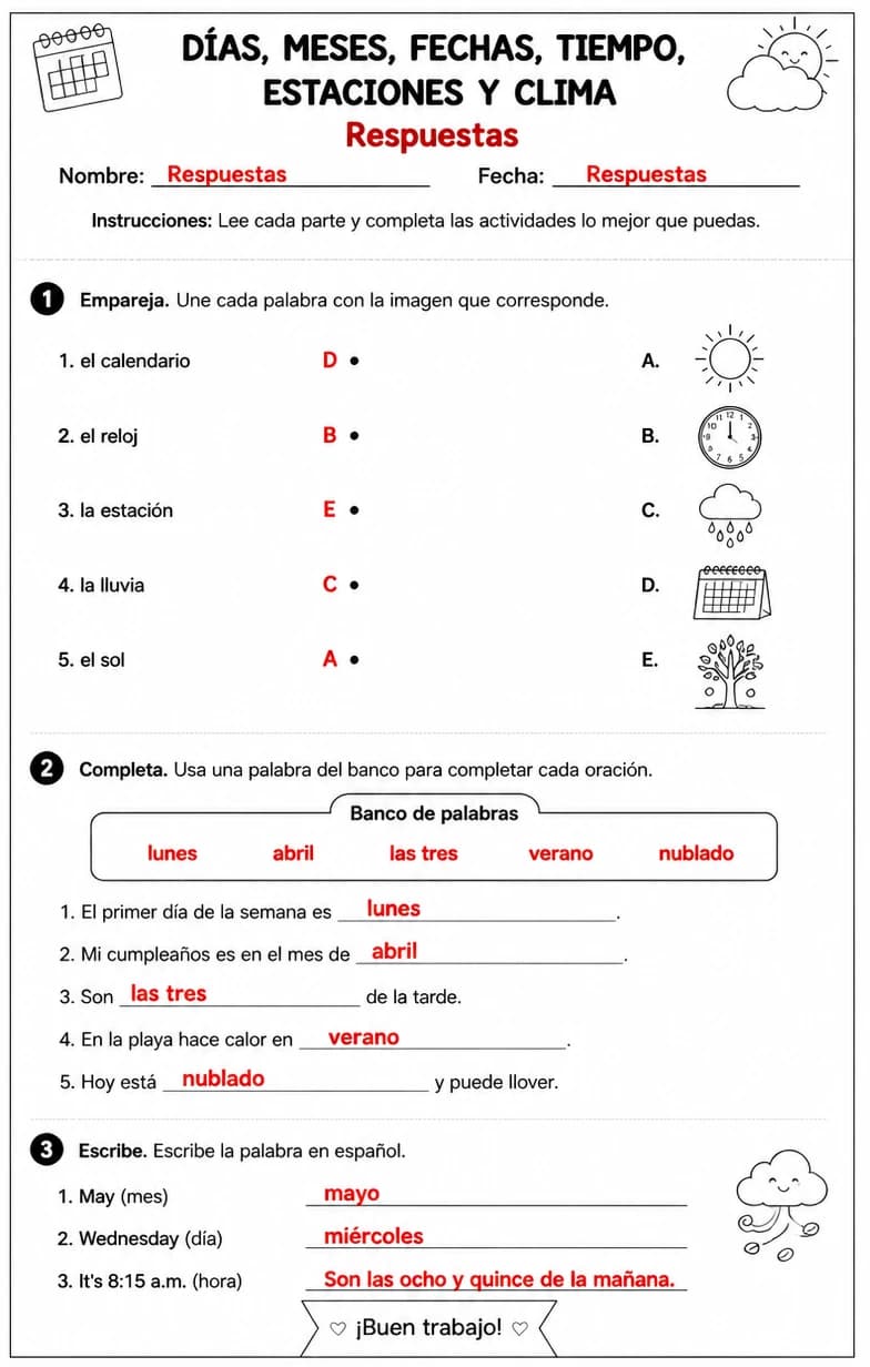 Answer key for Reconocer palabras, frases o oraciones en español relacionadas con decir la hora. — free printable Spanish worksheet