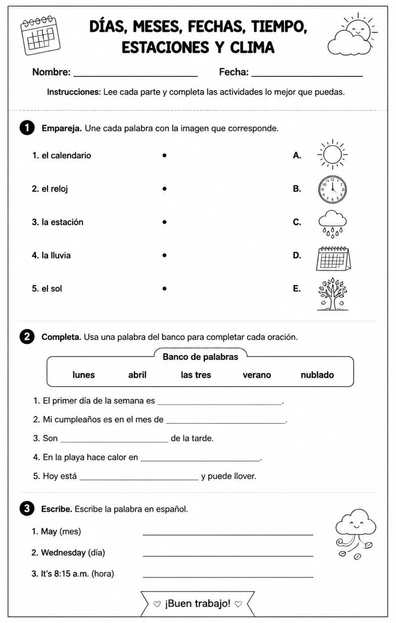Reconocer palabras, frases o oraciones en español relacionadas con decir la hora. — free printable Middle School Spanish worksheet