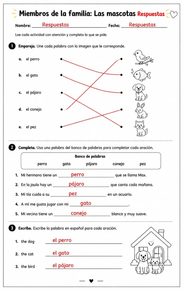 Answer key for Reconocer palabras, frases o oraciones en español relacionadas con mascotas. — free printable Spanish worksheet