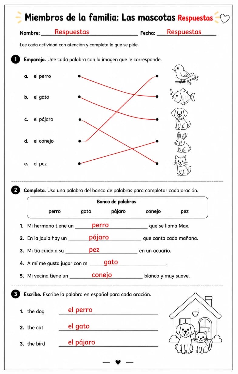 Answer key for Reconocer palabras, frases o oraciones en español relacionadas con mascotas. — free printable Spanish worksheet