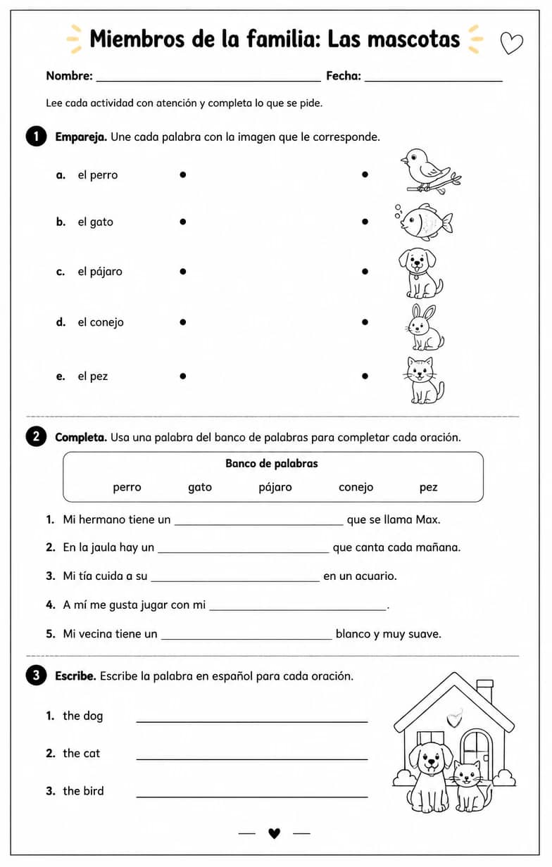 Reconocer palabras, frases o oraciones en español relacionadas con mascotas. — free printable Middle School Spanish worksheet