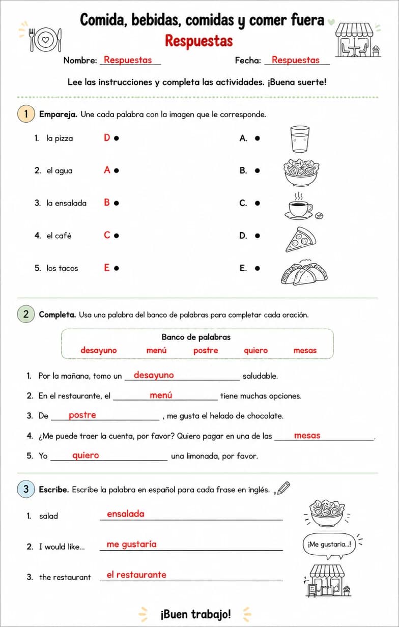 Answer key for Reconocer palabras, frases o oraciones en español relacionadas con comidas. — free printable Spanish worksheet