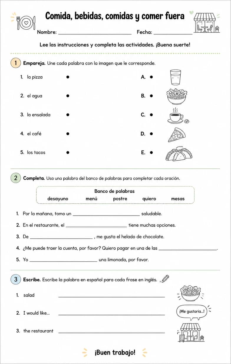 Reconocer palabras, frases o oraciones en español relacionadas con comidas. — free printable Middle School Spanish worksheet
