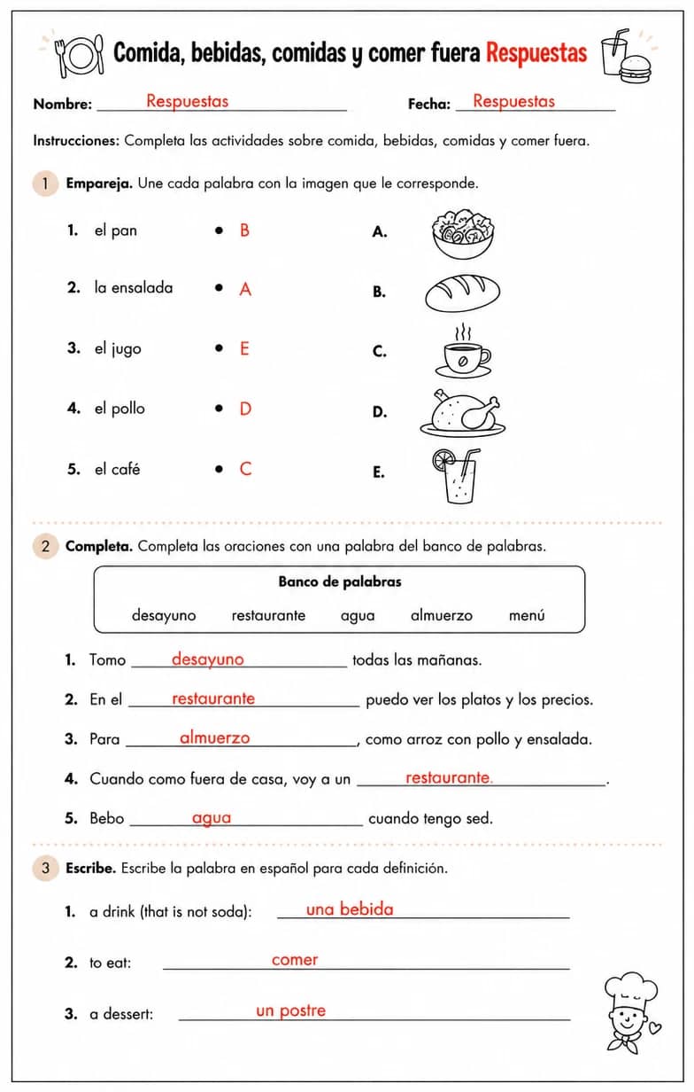 Answer key for Reconocer palabras, frases o oraciones en español relacionadas con alimentos. — free printable Spanish worksheet