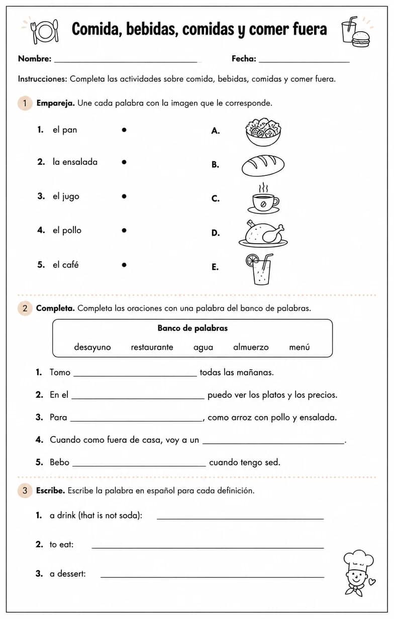 Reconocer palabras, frases o oraciones en español relacionadas con alimentos. — free printable Middle School Spanish worksheet