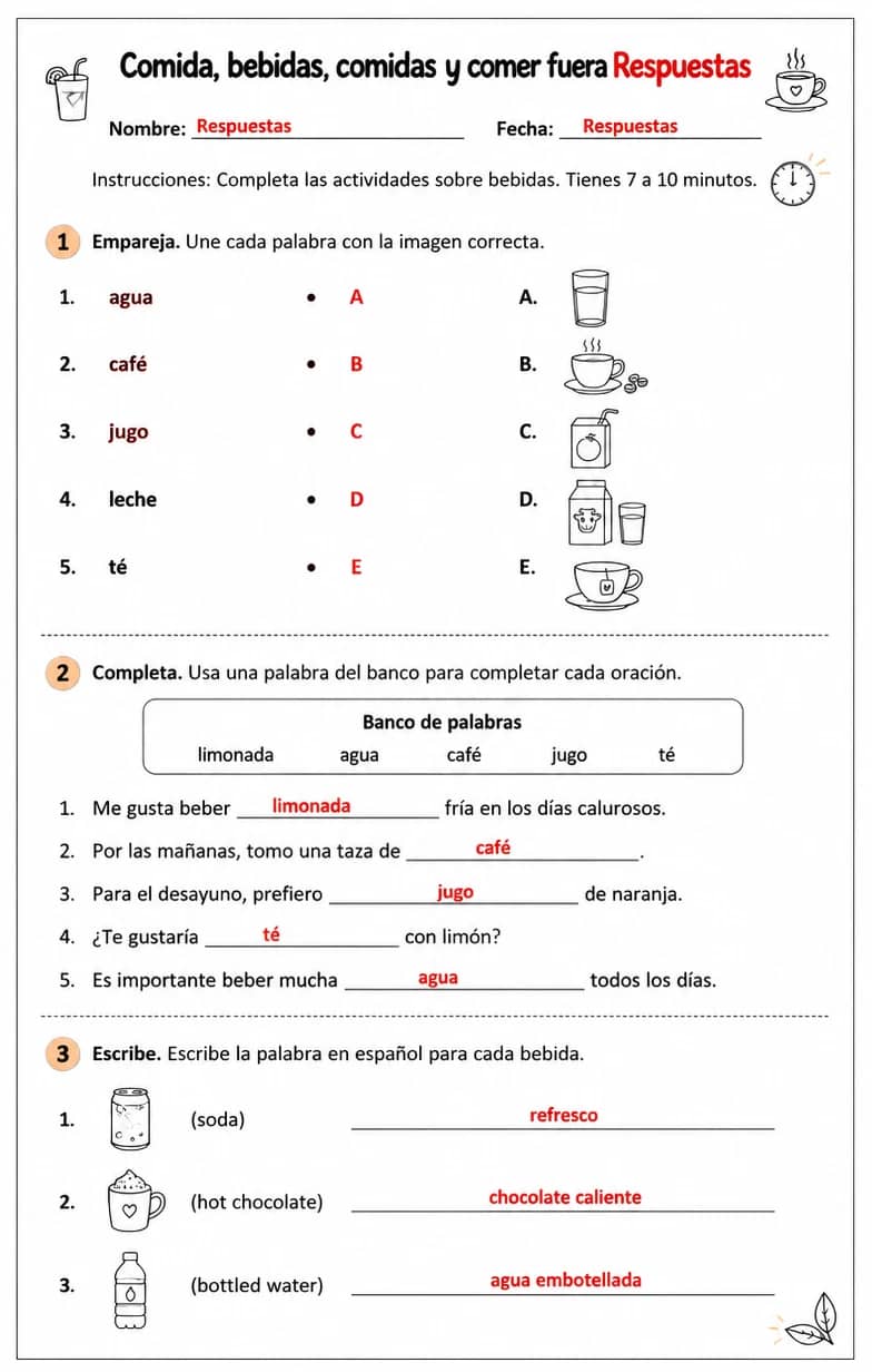 Answer key for Reconocer palabras, frases o oraciones en español relacionadas con bebidas. — free printable Spanish worksheet