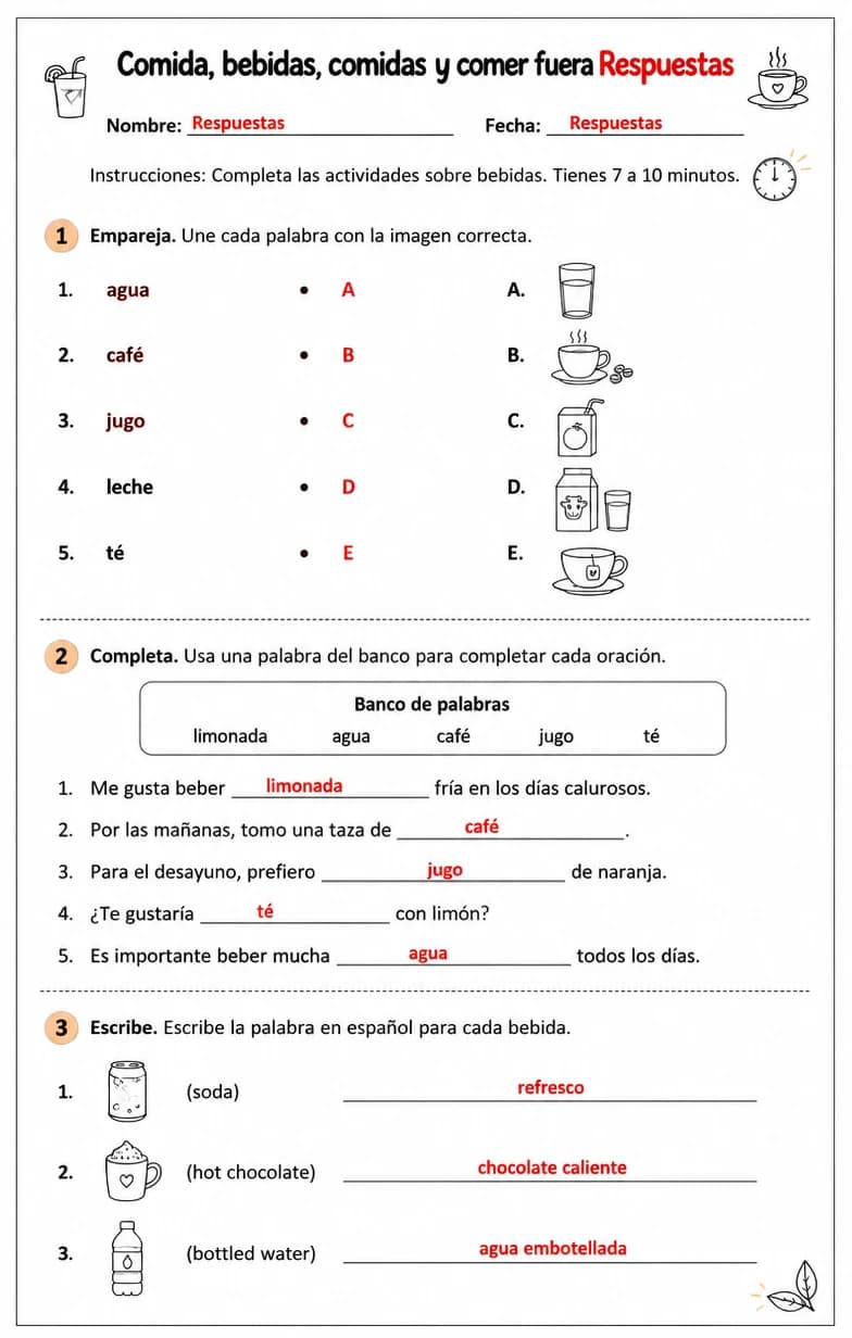 Answer key for Reconocer palabras, frases o oraciones en español relacionadas con bebidas. — free printable Spanish worksheet