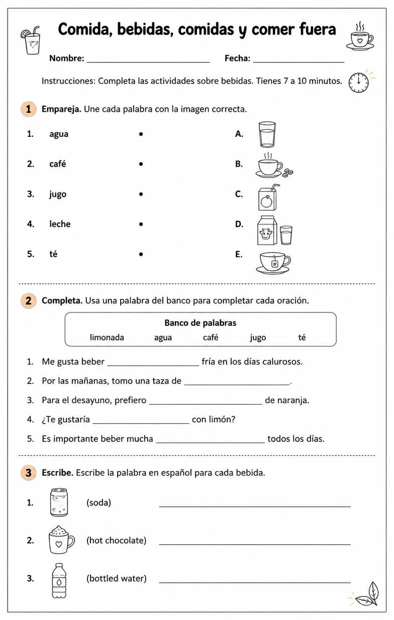 Reconocer palabras, frases o oraciones en español relacionadas con bebidas. — free printable Middle School Spanish worksheet