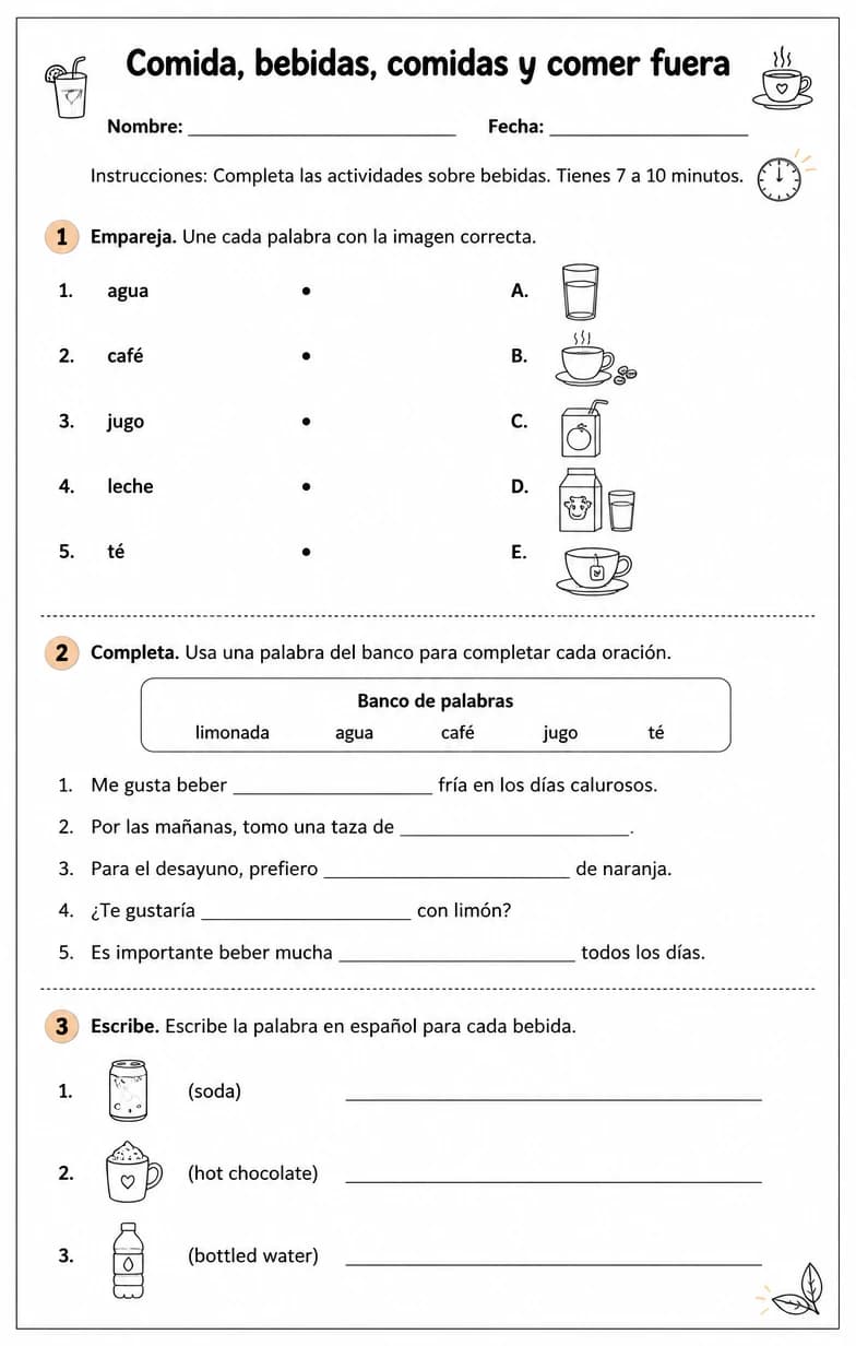Reconocer palabras, frases o oraciones en español relacionadas con bebidas.