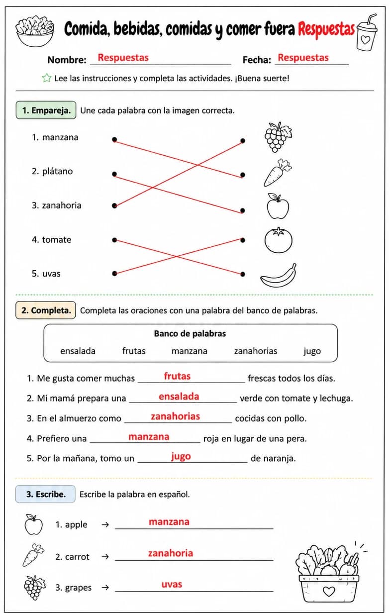 Answer key for Reconocer palabras, frases o oraciones en español relacionadas con frutas y verduras. — free printable Spanish worksheet