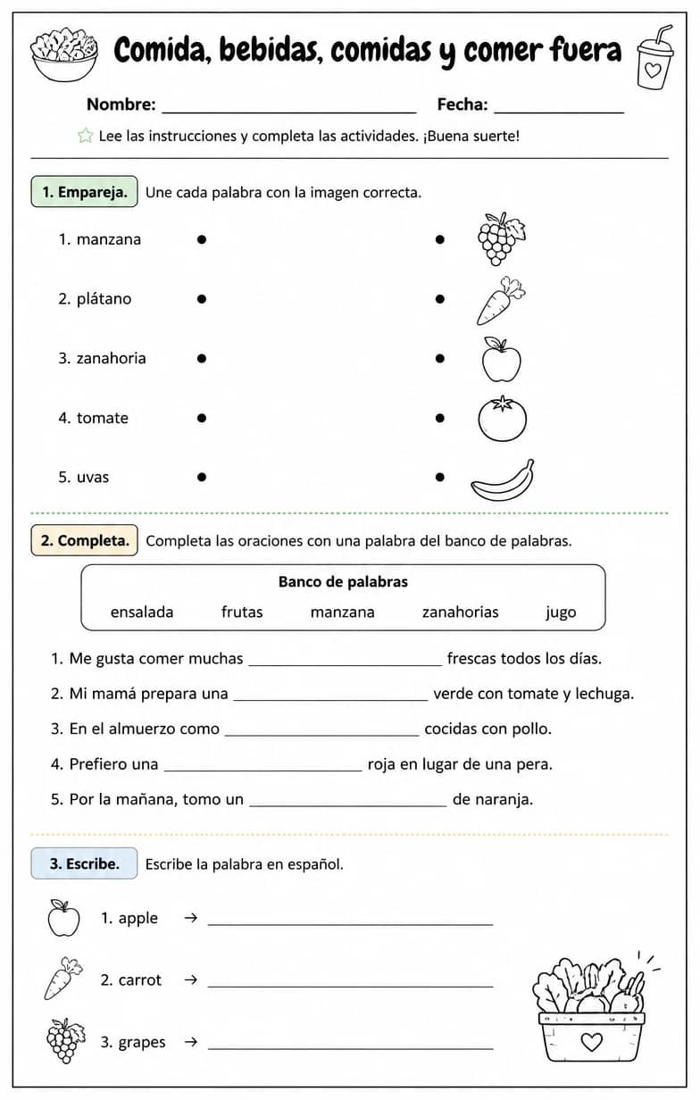Reconocer palabras, frases o oraciones en español relacionadas con frutas y verduras. — free printable Middle School Spanish worksheet