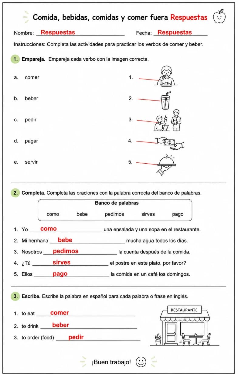 Answer key for Reconocer palabras, frases o oraciones en español relacionadas con verbos de comer y beber. — free printable Spanish worksheet