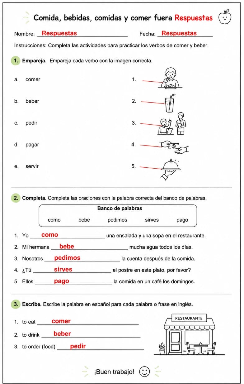 Answer key for Reconocer palabras, frases o oraciones en español relacionadas con verbos de comer y beber. — free printable Spanish worksheet