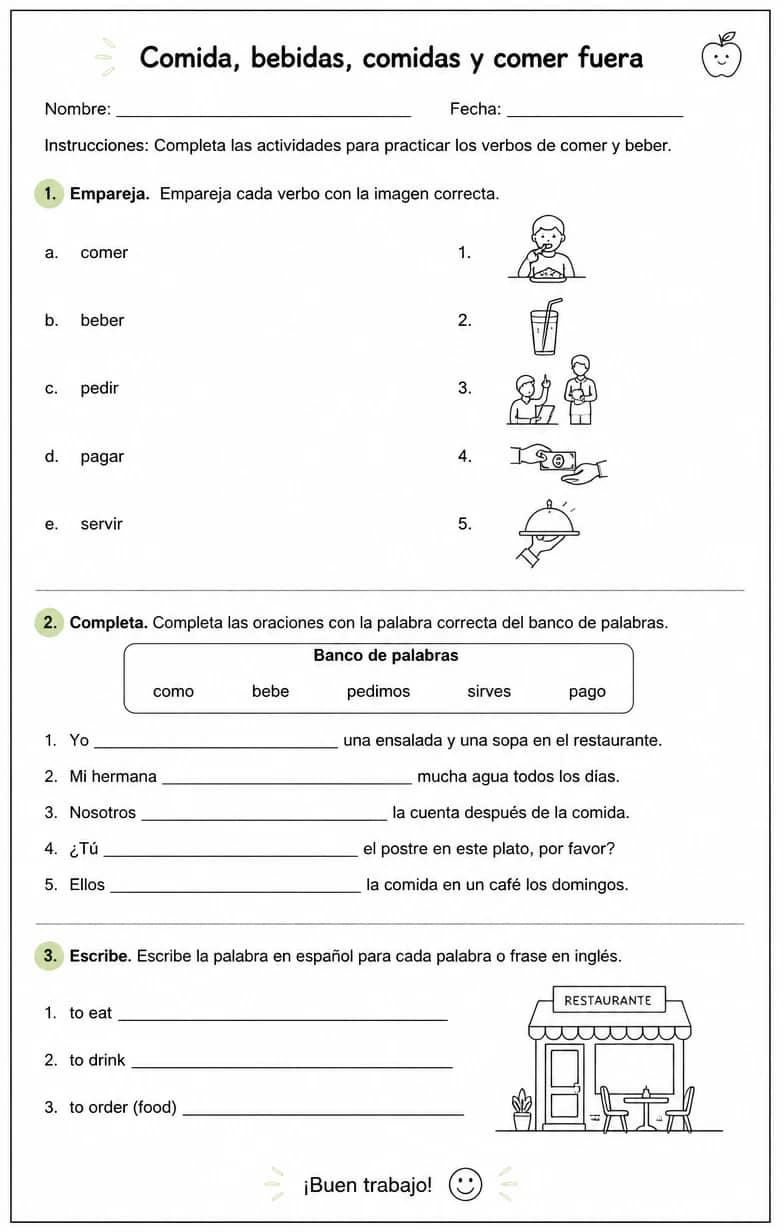 Reconocer palabras, frases o oraciones en español relacionadas con verbos de comer y beber. — free printable Middle School Spanish worksheet