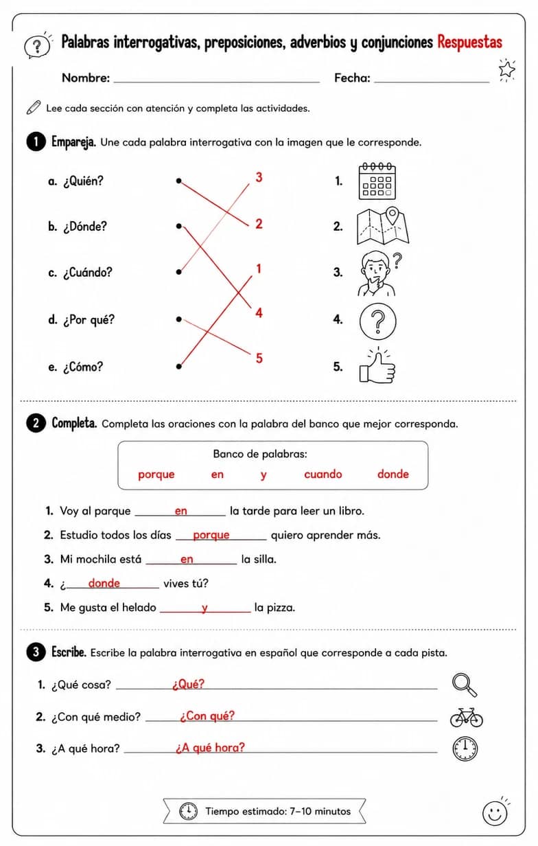 Answer key for Reconocer palabras, frases o oraciones en español relacionadas con palabras interrogativas. — free printable Spanish worksheet