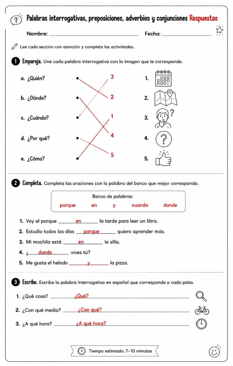 Answer key for Reconocer palabras, frases o oraciones en español relacionadas con palabras interrogativas. — free printable Spanish worksheet
