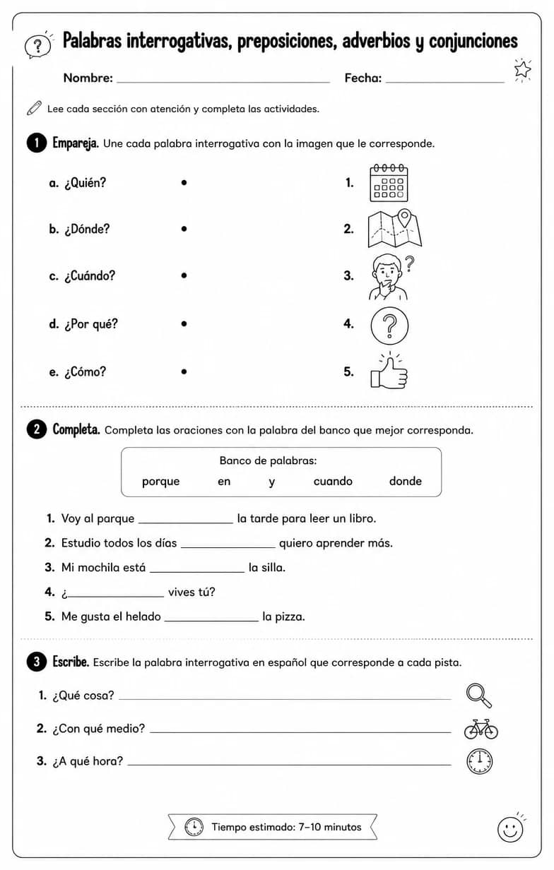 Reconocer palabras, frases o oraciones en español relacionadas con palabras interrogativas. — free printable Middle School Spanish worksheet