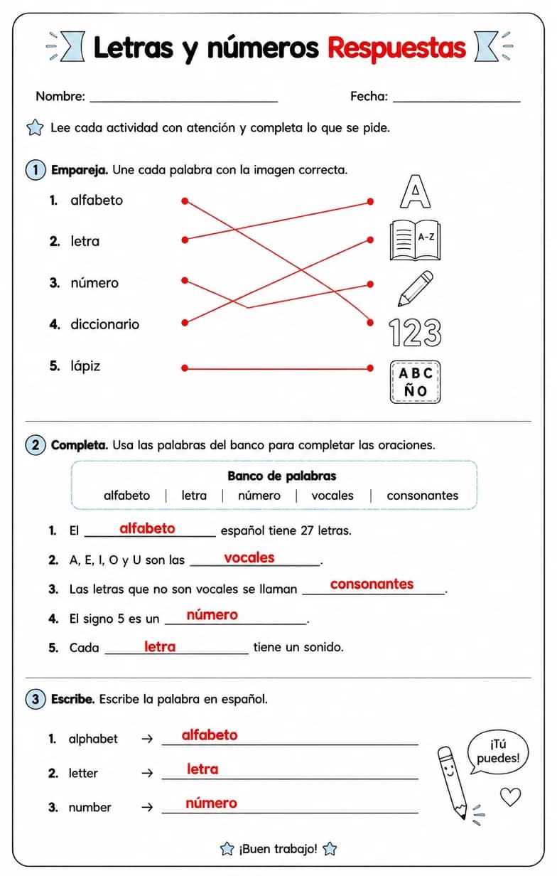 Answer key for Reconocer palabras, frases o oraciones en español relacionadas con el alfabeto español. — free printable Spanish worksheet