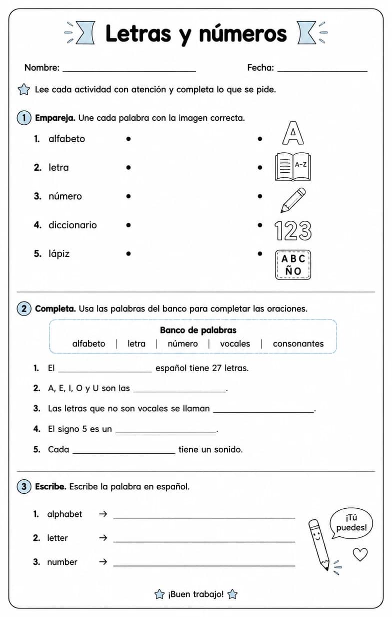 Reconocer palabras, frases o oraciones en español relacionadas con el alfabeto español. — free printable Middle School Spanish worksheet