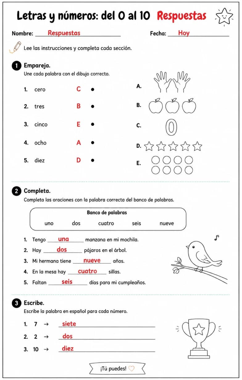 Answer key for Reconocer palabras, frases o oraciones en español relacionadas con números del 0 al 10. — free printable Spanish worksheet
