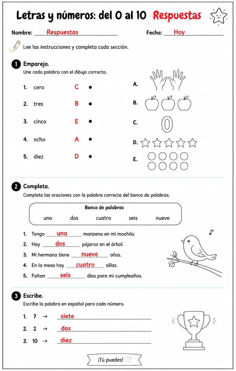 Answer key for Reconocer palabras, frases o oraciones en español relacionadas con números del 0 al 10. — free printable Spanish worksheet