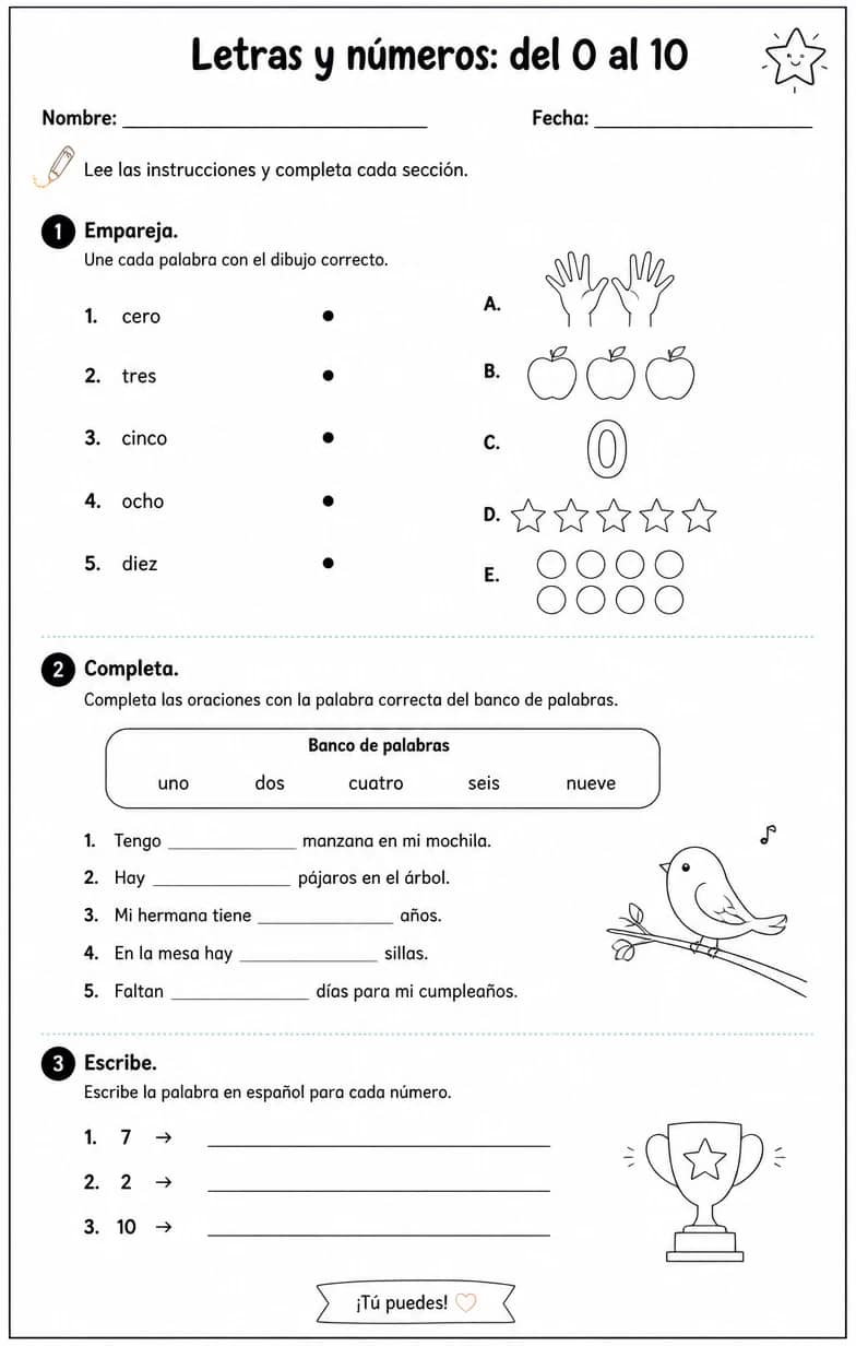 Reconocer palabras, frases o oraciones en español relacionadas con números del 0 al 10. — free printable Middle School Spanish worksheet