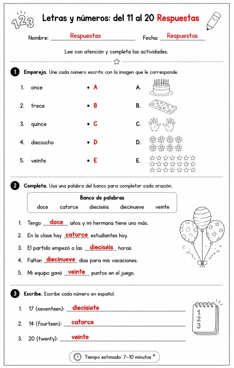 Answer key for Reconocer palabras, frases o oraciones en español relacionadas con números del 11 al 20. — free printable Spanish worksheet