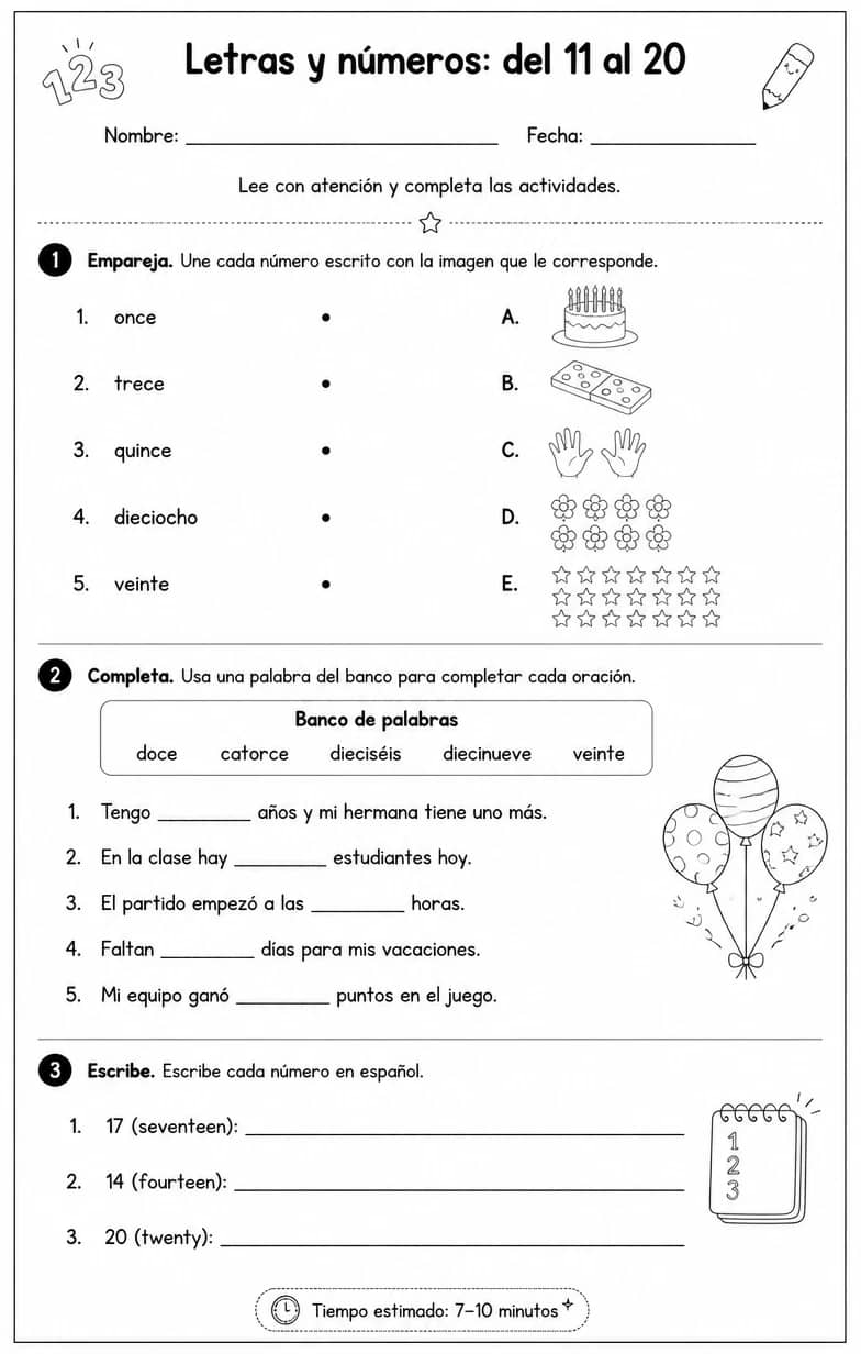 Reconocer palabras, frases o oraciones en español relacionadas con números del 11 al 20. — free printable Middle School Spanish worksheet