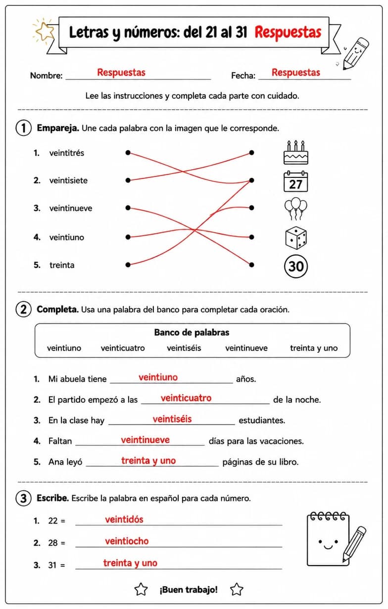 Answer key for Reconocer palabras, frases o oraciones en español relacionadas con los números del 21 al 31. — free printable Spanish worksheet