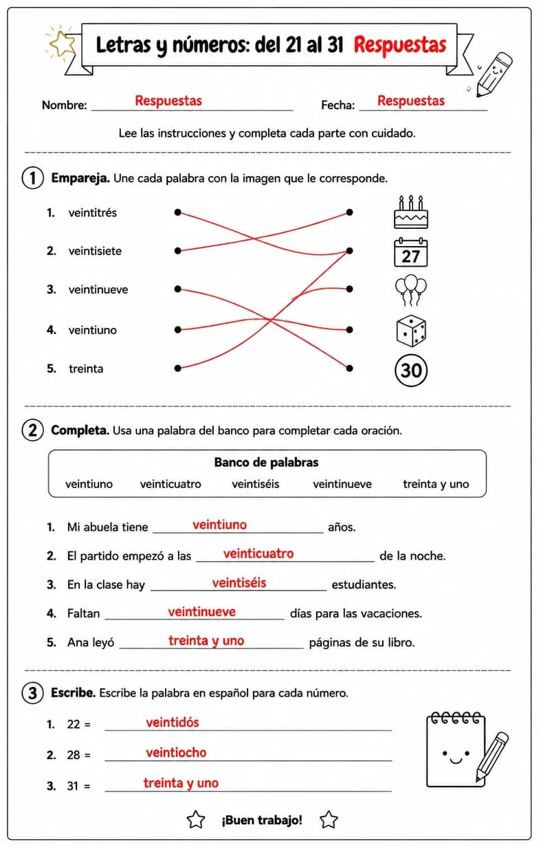 Answer key for Reconocer palabras, frases o oraciones en español relacionadas con los números del 21 al 31. — free printable Spanish worksheet