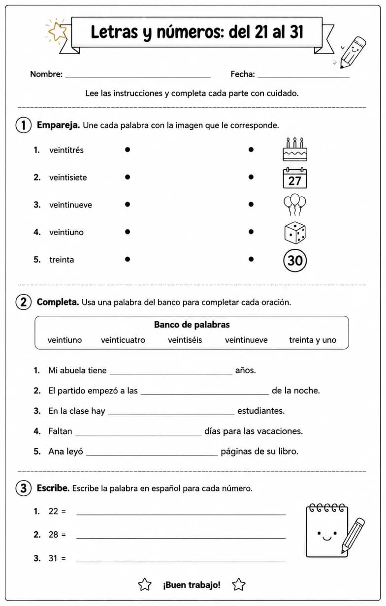 Reconocer palabras, frases o oraciones en español relacionadas con los números del 21 al 31. — free printable Middle School Spanish worksheet