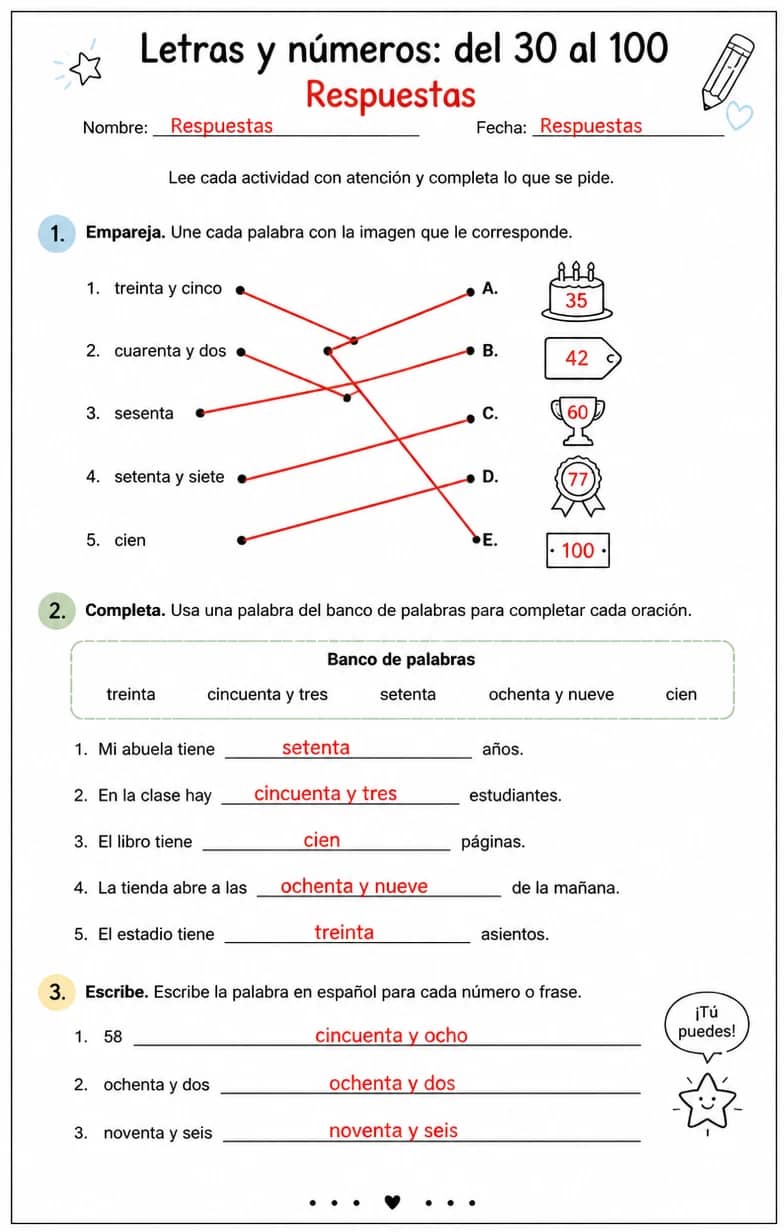Answer key for Reconocer palabras, frases o oraciones en español relacionadas con los números del 30 al 100. — free printable Spanish worksheet