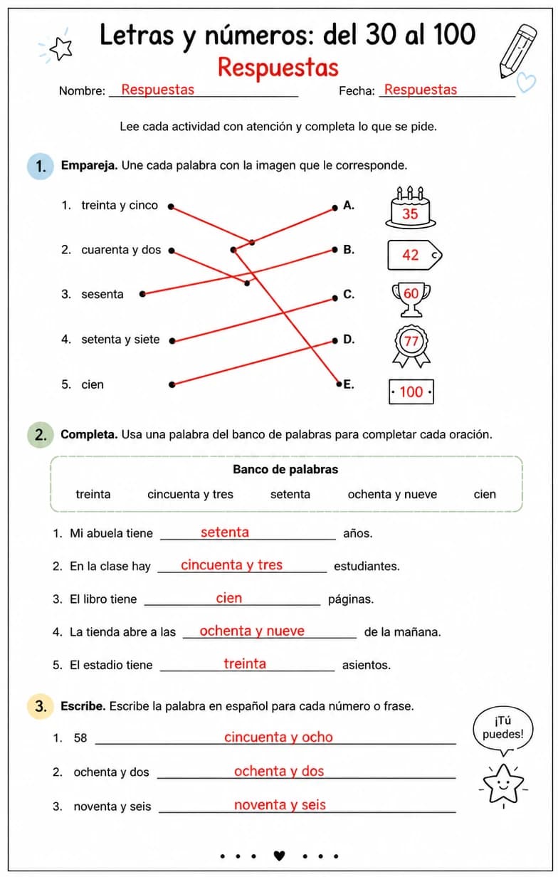 Answer key for Reconocer palabras, frases o oraciones en español relacionadas con los números del 30 al 100. — free printable Spanish worksheet