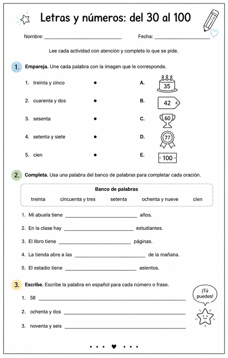 Reconocer palabras, frases o oraciones en español relacionadas con los números del 30 al 100. — free printable Middle School Spanish worksheet