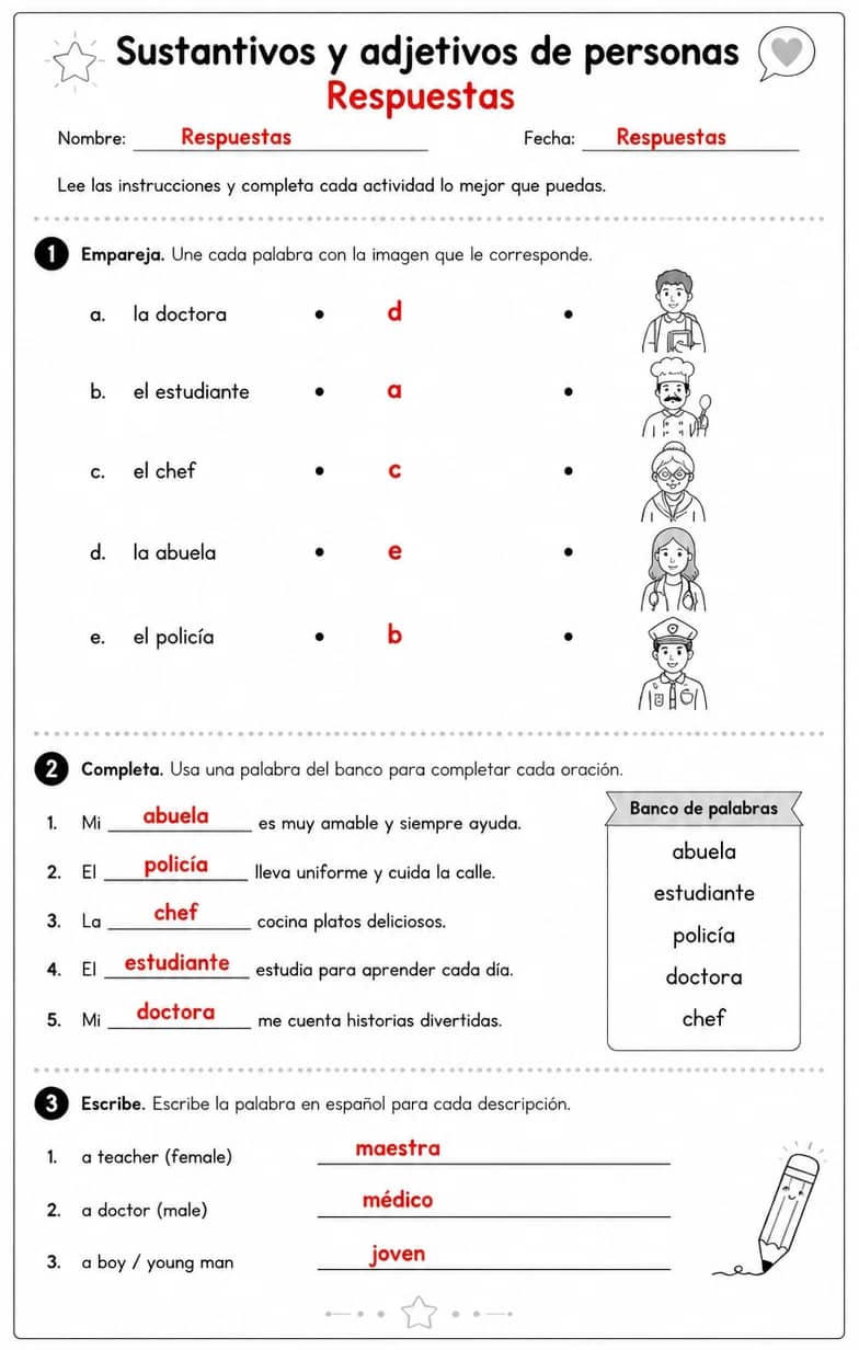 Answer key for Reconocer palabras, frases o oraciones en español relacionadas con sustantivos de personas. — free printable Spanish worksheet