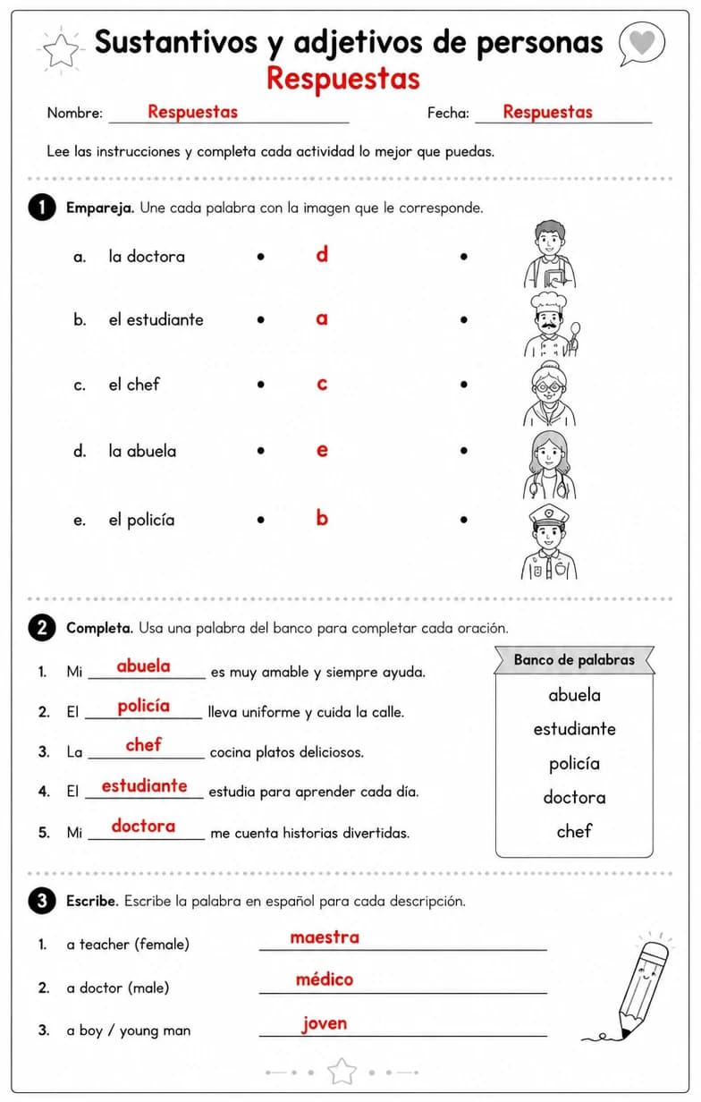 Answer key for Reconocer palabras, frases o oraciones en español relacionadas con sustantivos de personas. — free printable Spanish worksheet