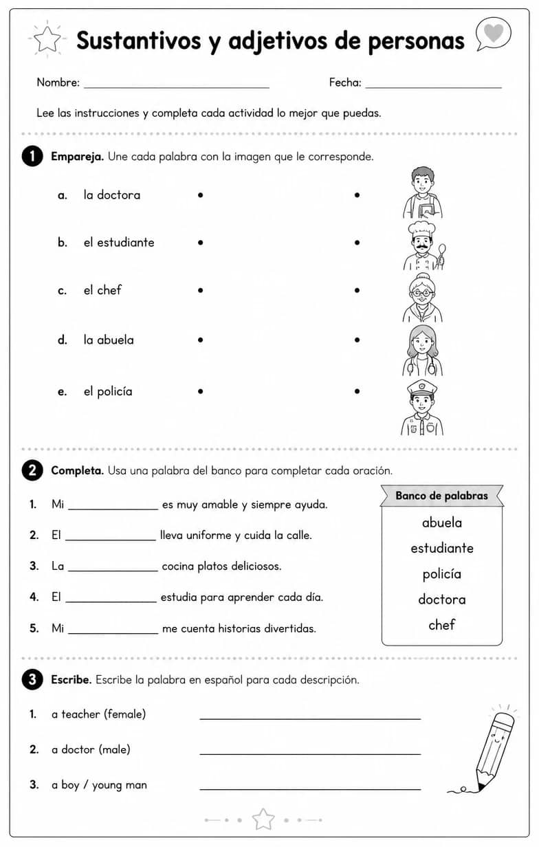 Reconocer palabras, frases o oraciones en español relacionadas con sustantivos de personas. — free printable Middle School Spanish worksheet