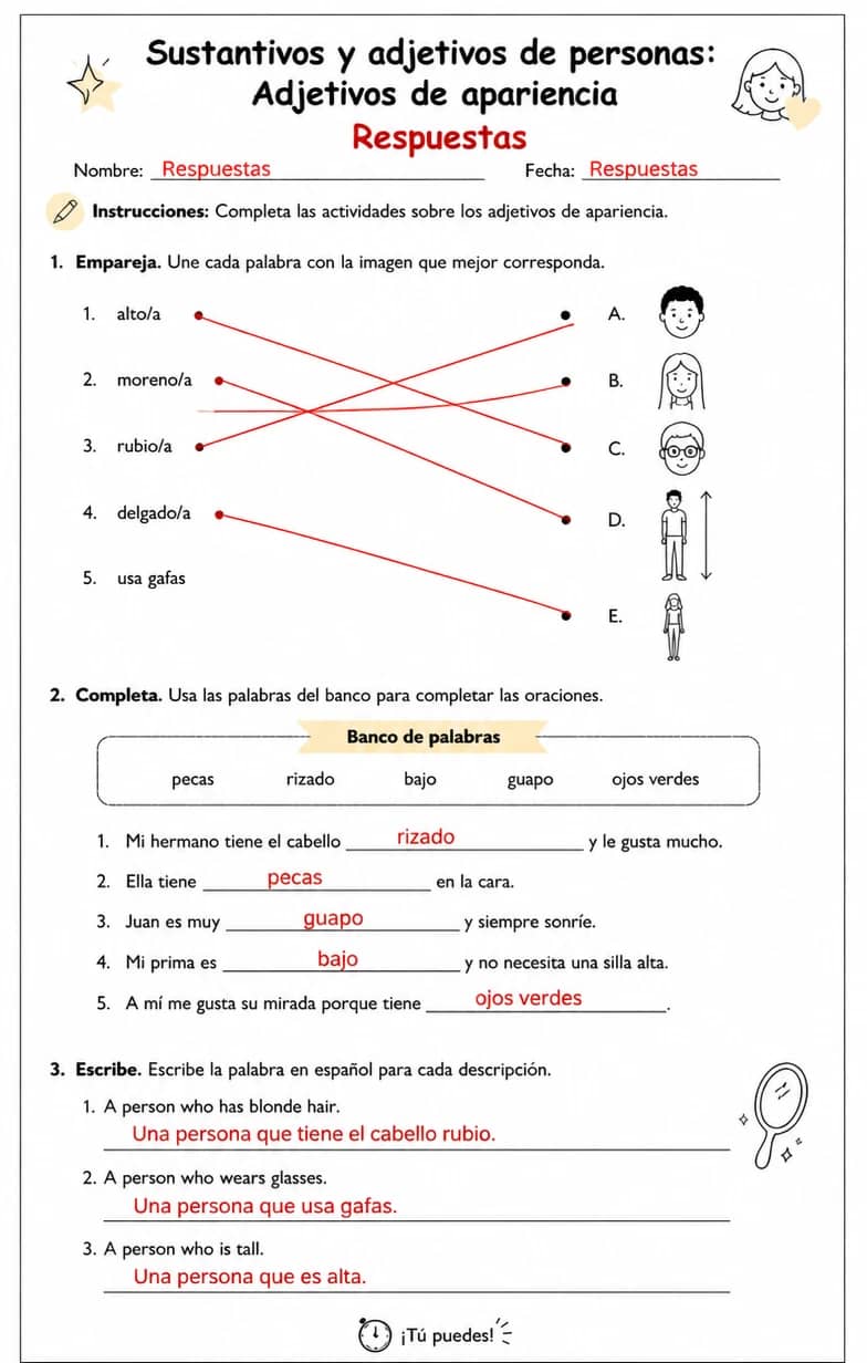 Answer key for Reconocer palabras, frases o oraciones en español relacionadas con adjetivos de apariencia. — free printable Spanish worksheet