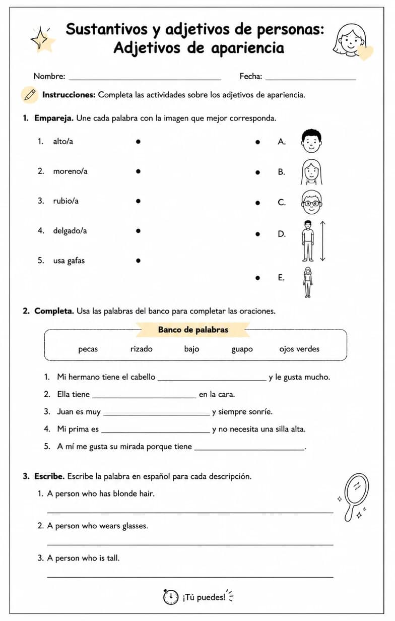 Reconocer palabras, frases o oraciones en español relacionadas con adjetivos de apariencia. — free printable Middle School Spanish worksheet