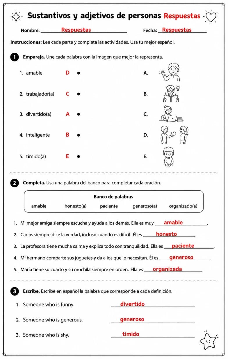 Answer key for Reconocer palabras, frases o oraciones en español relacionadas con adjetivos de personalidad. — free printable Spanish worksheet